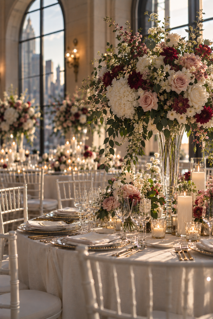 Table floral decoration in a New York wedding venue